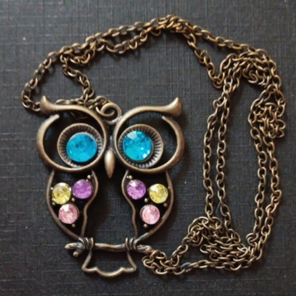 🦉HP! Antique Look Owl Pendant Long Necklace With Multicolor Gemstones New!